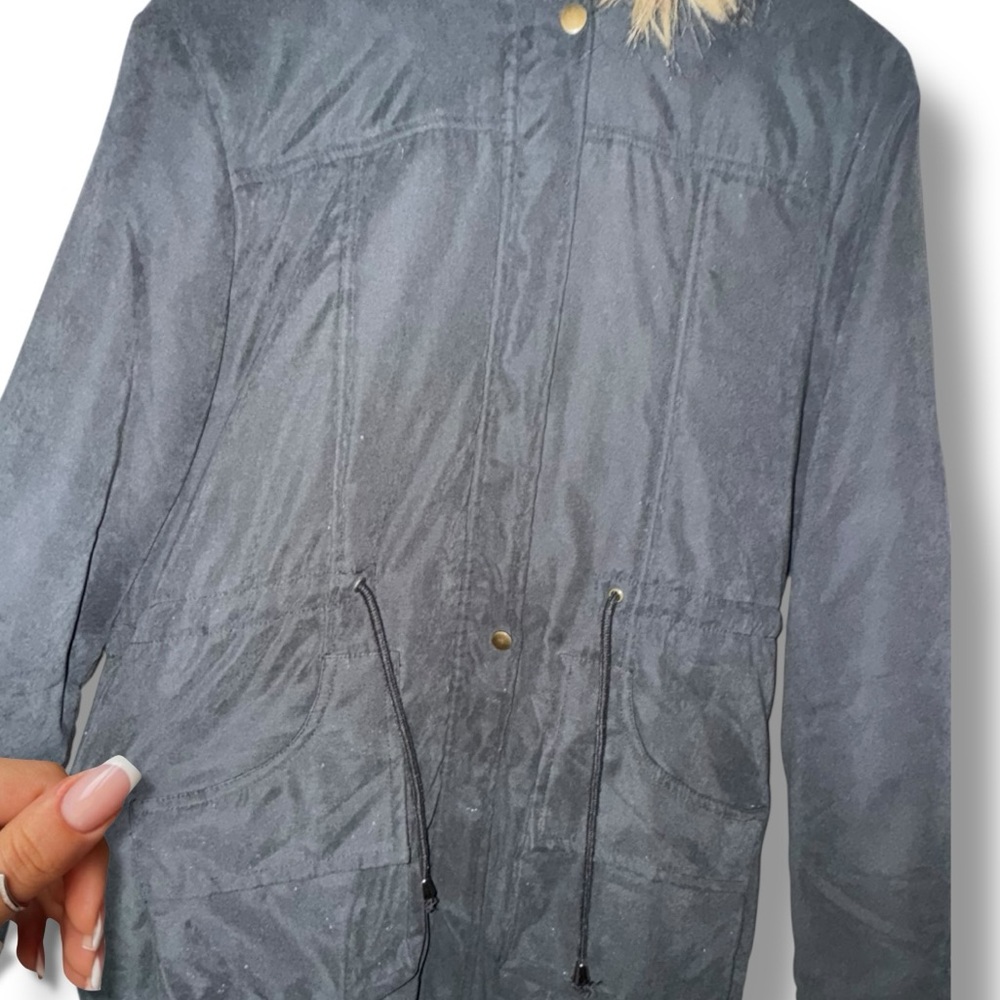 Beyove Coat Charcoal Hooded Parka Utility Cargo Faux Fur Trim & Lining Women’s M - Picture 9 of 16
